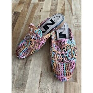 Women's Woven Multicolor Mules Low Block Heel Art to Wear Pink Orange EU 37 US 7